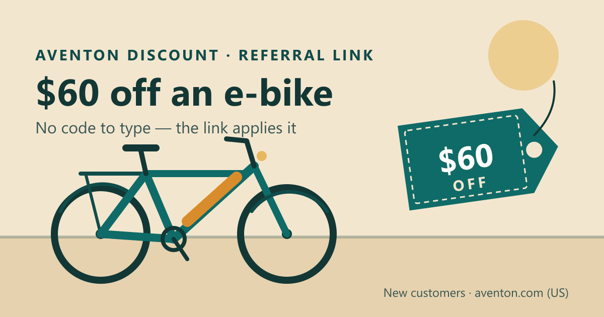 Aventon discount code alternative: $60 off referral link tag beside a side-view commuter e-bike